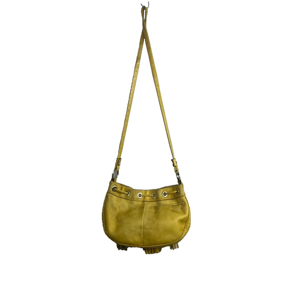 B Makowsky Crossbody Bag Purse Yellow Metal Hardware Leather Fringe Tassel - Picture 4 of 16